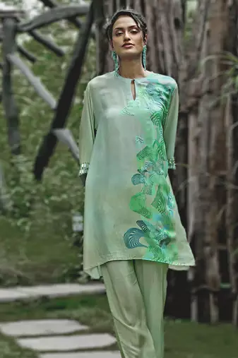 Green printed crepe kurta set