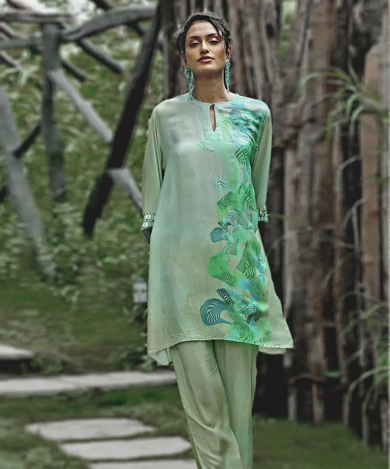 Green printed crepe kurta set