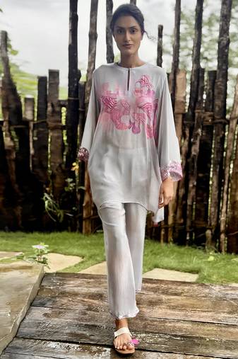 Pink printed crepe kurta set