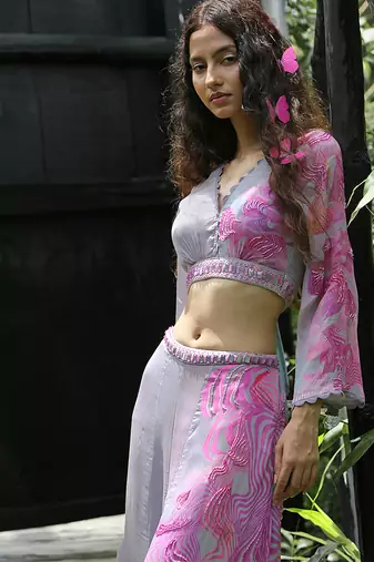 Pink embroidered chiffon co ord set