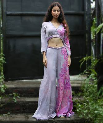 Pink embroidered chiffon co ord set 1