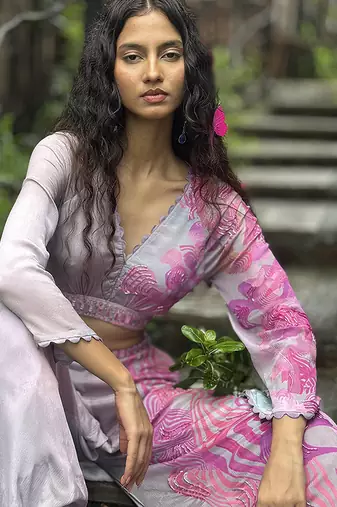 Pink embroidered chiffon co ord set