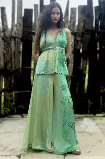 Green printed chiffon co ord set