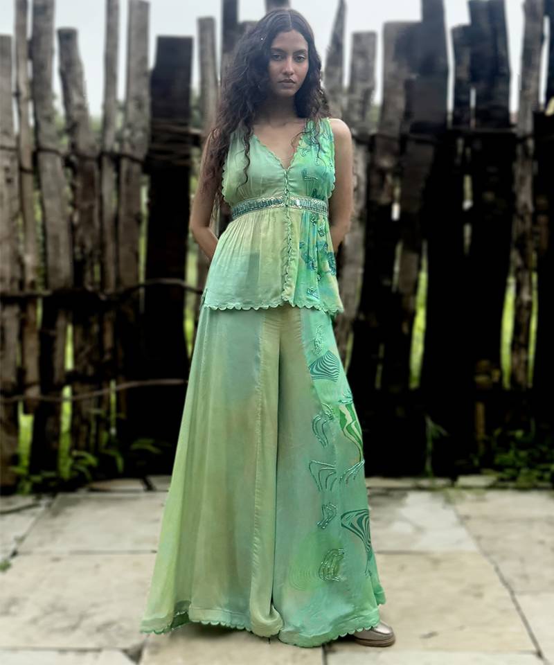Green printed chiffon co ord set