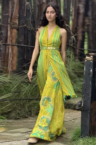 Yellow printed chiffon co ord set