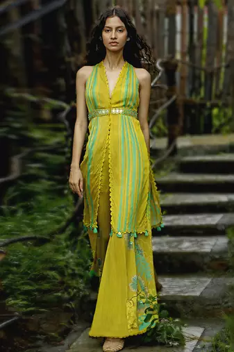 Yellow printed chiffon co ord set