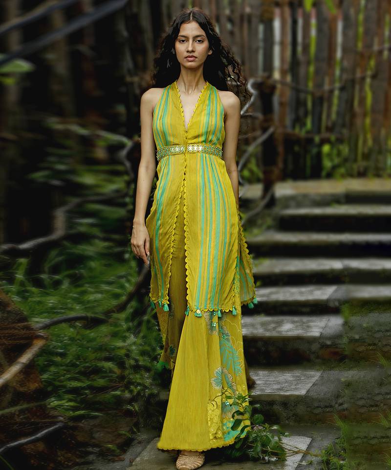 Yellow printed chiffon co ord set