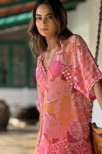 Pink printed crepe kurta set