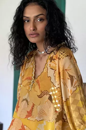 Yellow printed crepe kurta set