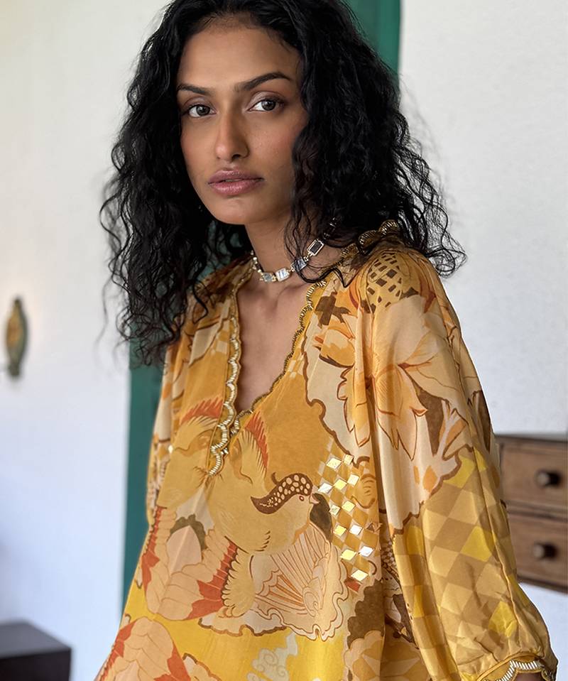 Yellow printed crepe kurta set