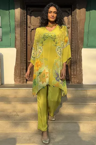 Yellow printed crepe kurta set