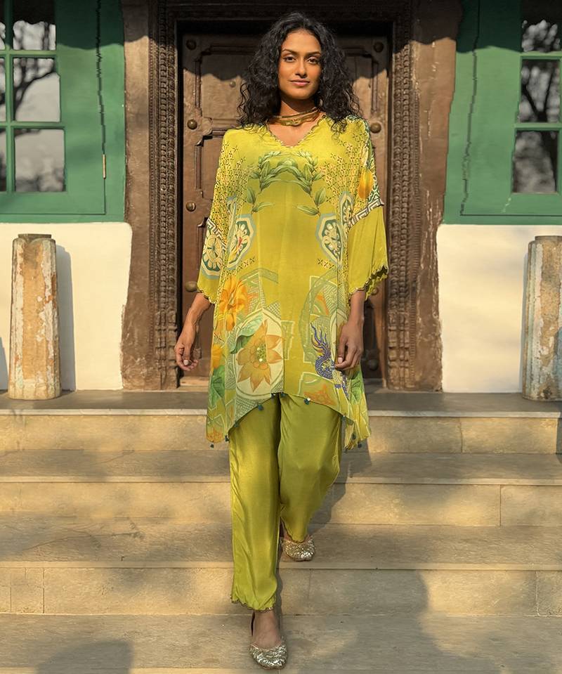 Yellow printed crepe kurta set