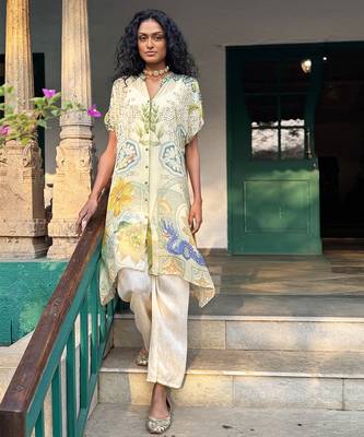 Beige printed chiffon co ord set 1
