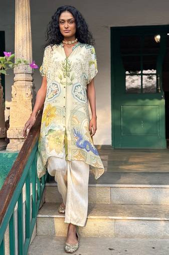 Beige printed chiffon co ord set