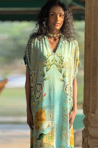 Blue printed crepe kurta set