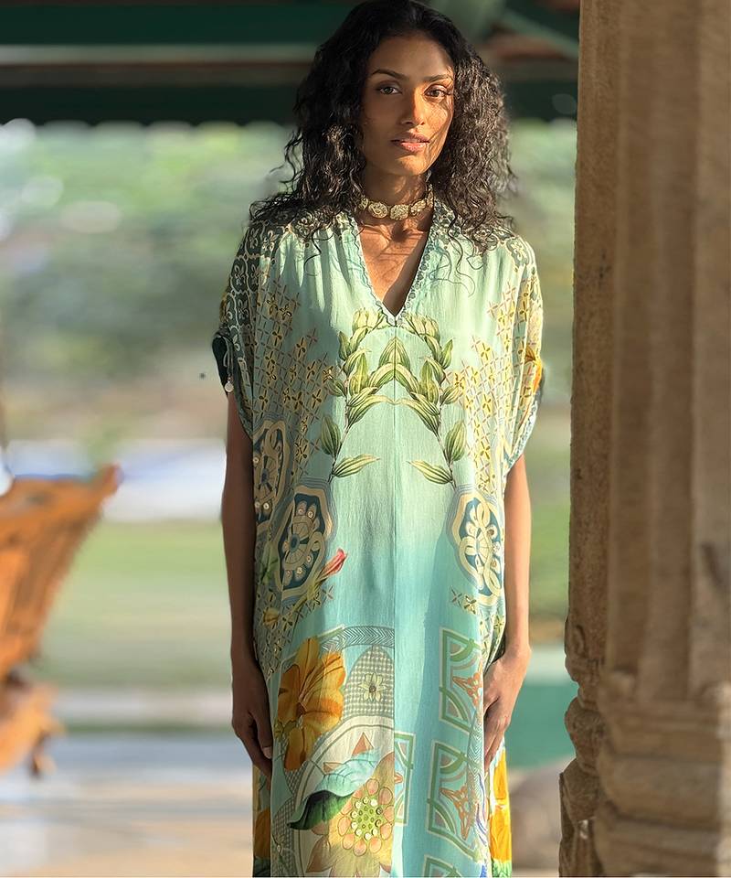 Blue printed crepe kurta set