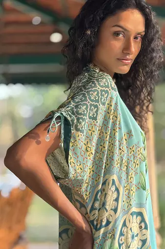 Blue printed crepe kurta set