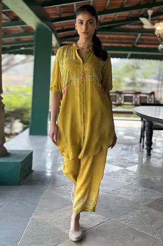 Yellow printed chiffon co ord set