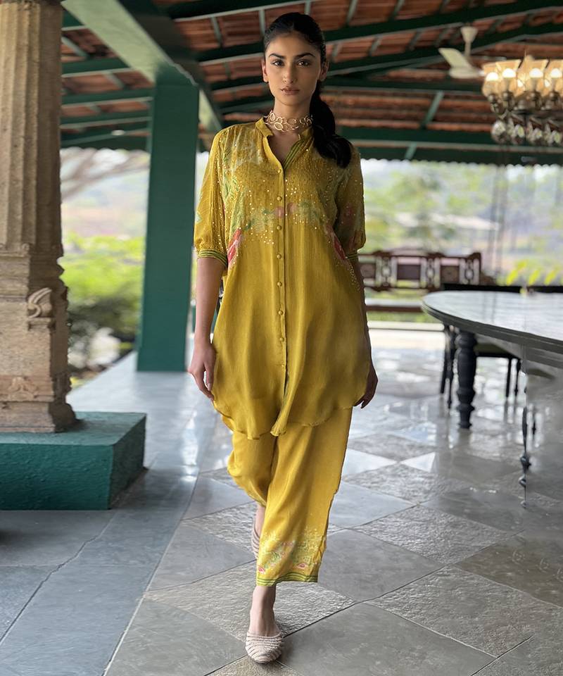 Yellow printed chiffon co ord set