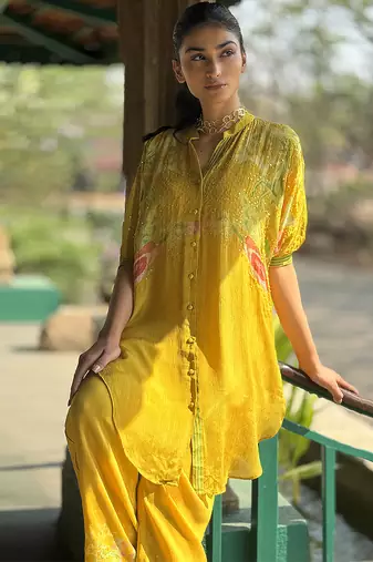 Yellow printed chiffon co ord set