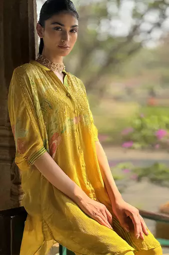 Yellow printed chiffon co ord set