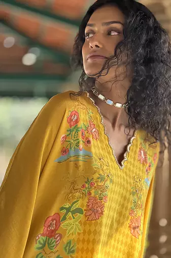 Yellow printed crepe kurta set