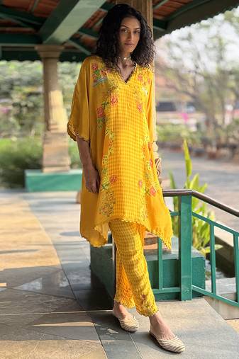 Yellow printed crepe kurta set