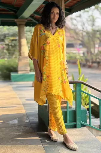Yellow printed crepe kurta set