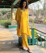 Yellow printed crepe kurta set