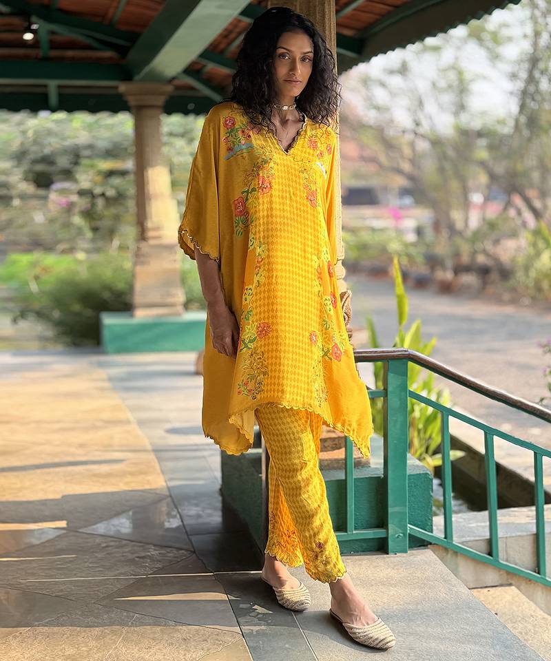 Yellow printed crepe kurta set