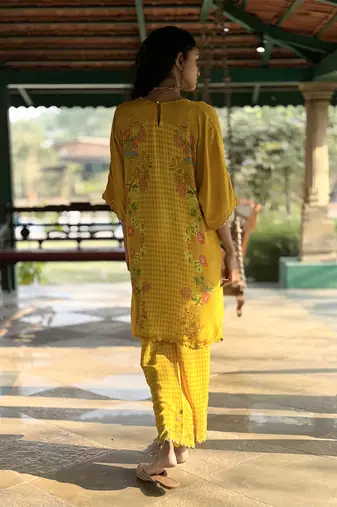 Yellow printed crepe kurta set