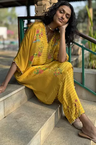 Yellow printed crepe kurta set