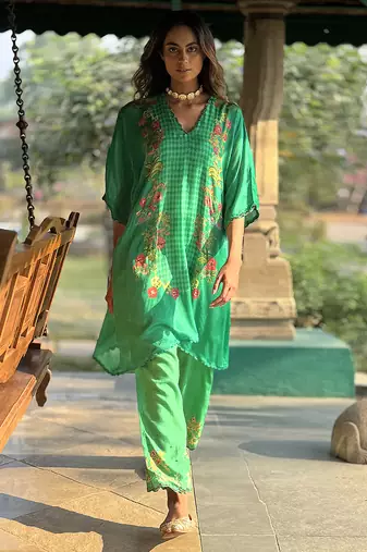 Green printed crepe kurta set