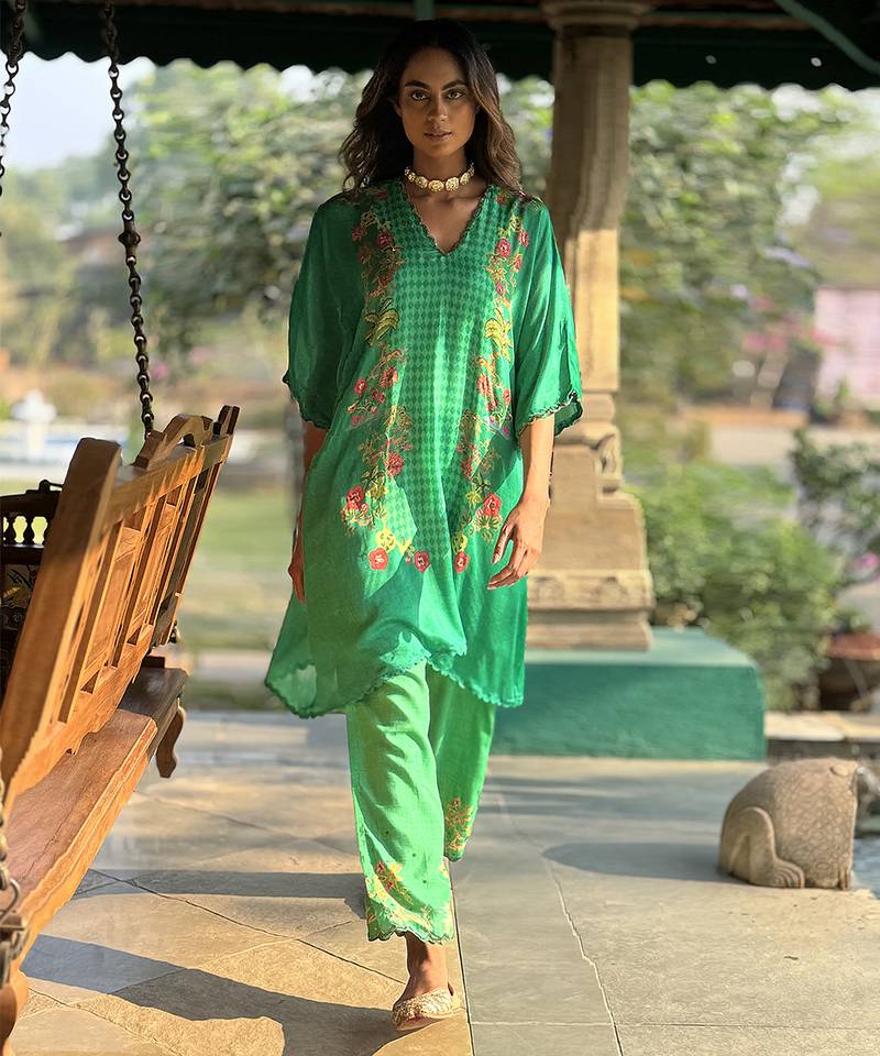 Green printed crepe kurta set