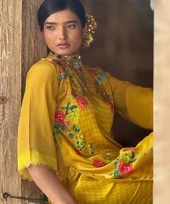 Yellow printed satin sharara set 2