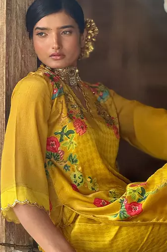 Yellow printed satin sharara set