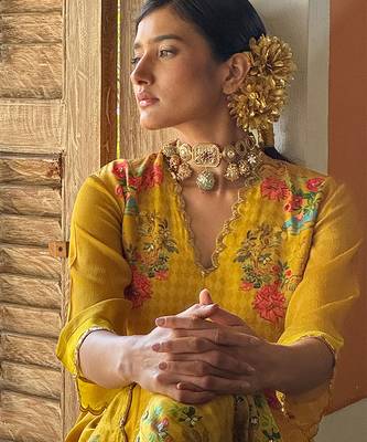 Yellow printed satin sharara set 3