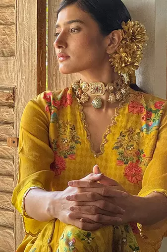 Yellow printed satin sharara set