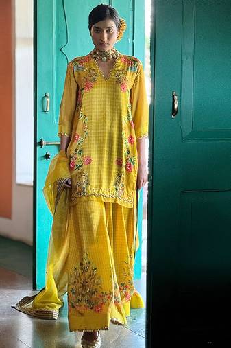 Yellow printed satin sharara set