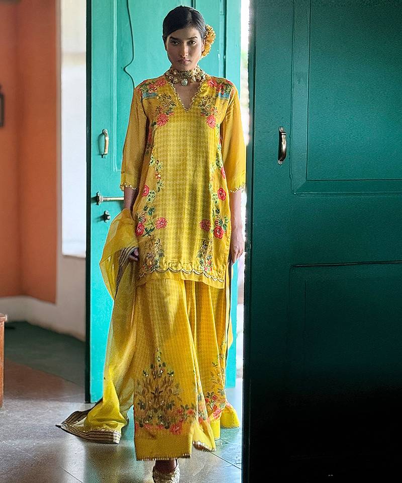 Yellow printed satin sharara set