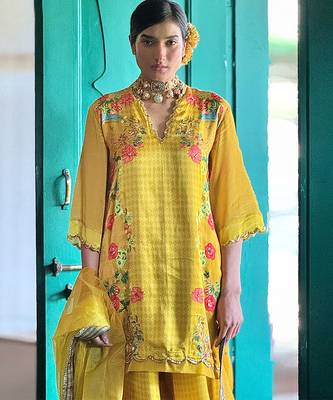 Yellow printed satin sharara set 4