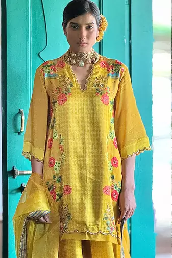 Yellow printed satin sharara set