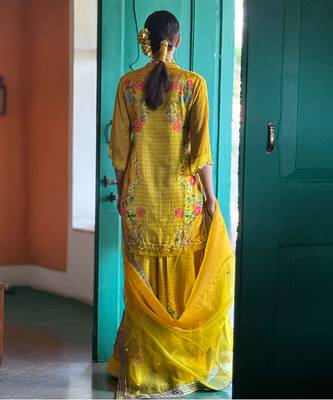 Yellow printed satin sharara set 5
