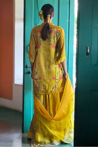 Yellow printed satin sharara set