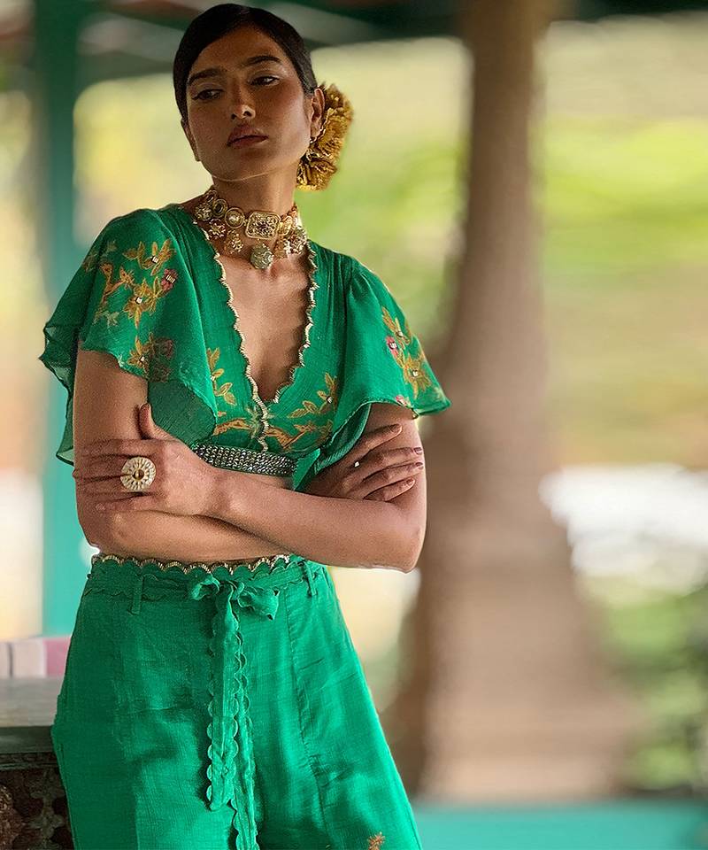 Green printed chiffon co ord set