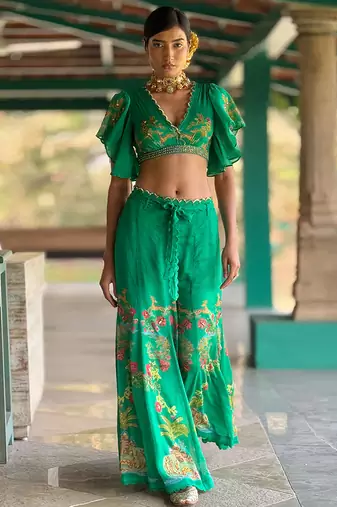 Green printed chiffon co ord set