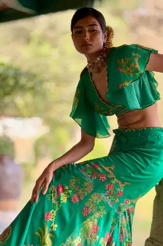 Green printed chiffon co ord set