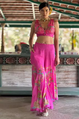 Pink embroidered chiffon co ord set