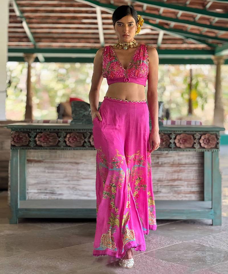 Pink embroidered chiffon co ord set