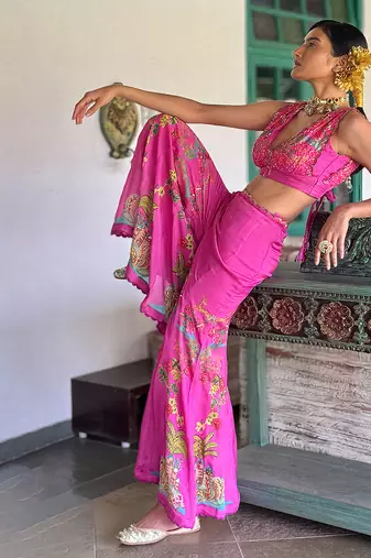 Pink embroidered chiffon co ord set